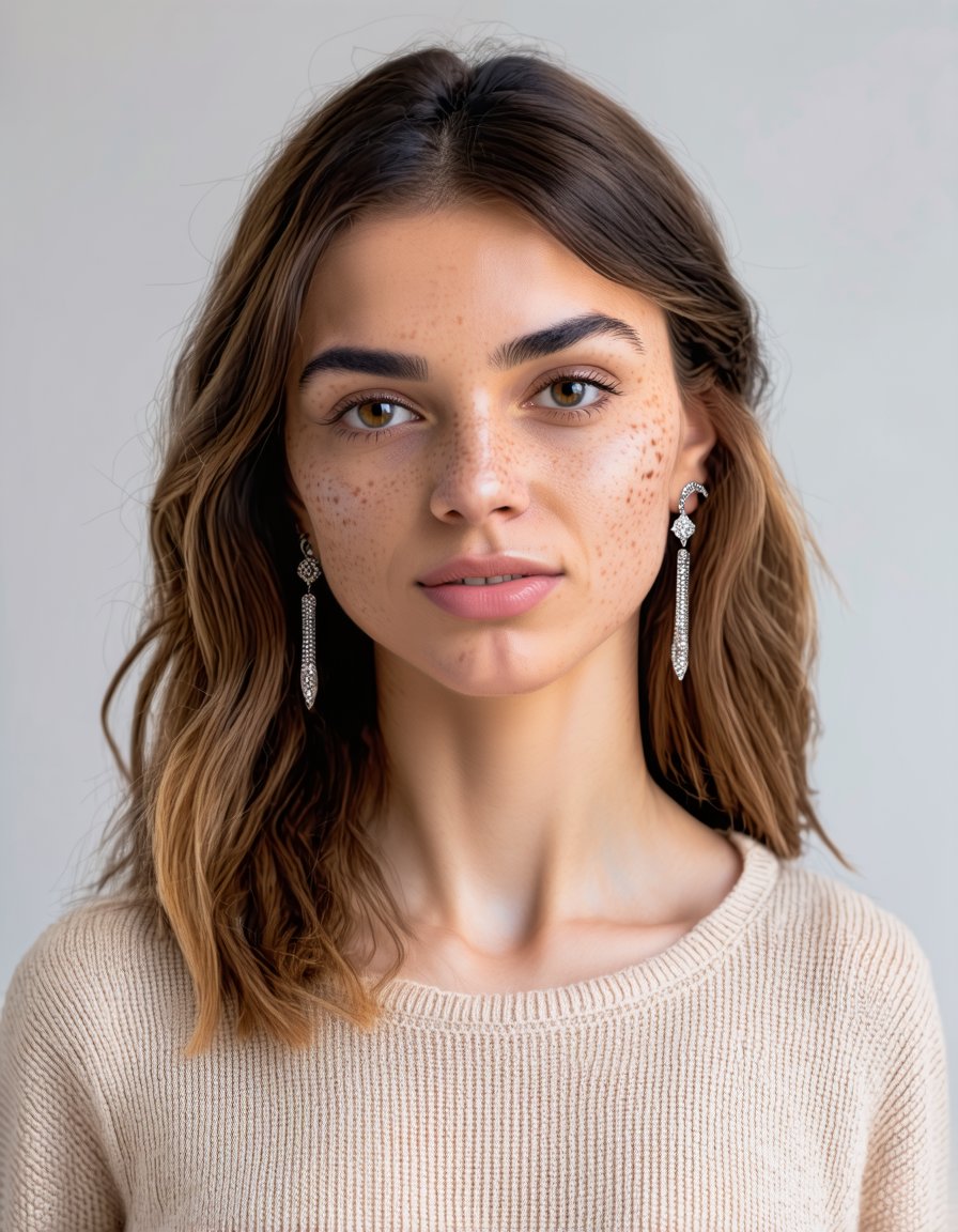 woman, looking at viewer, simple background, jewelry, earrings, piercing, portrait, freckles, realistic