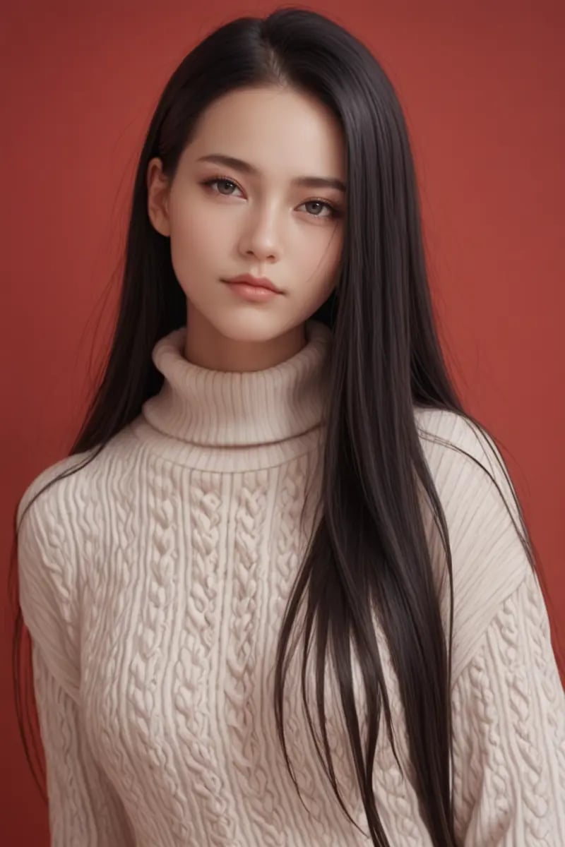 score_9,score_8_up,score_7_up, 20 years old, 8k, hd, beautiful girl, black hair, very long hair, straight hair, closed mouth,1girl, detailed face, beautiful woman's face, sweater, red background, looking at viewer,