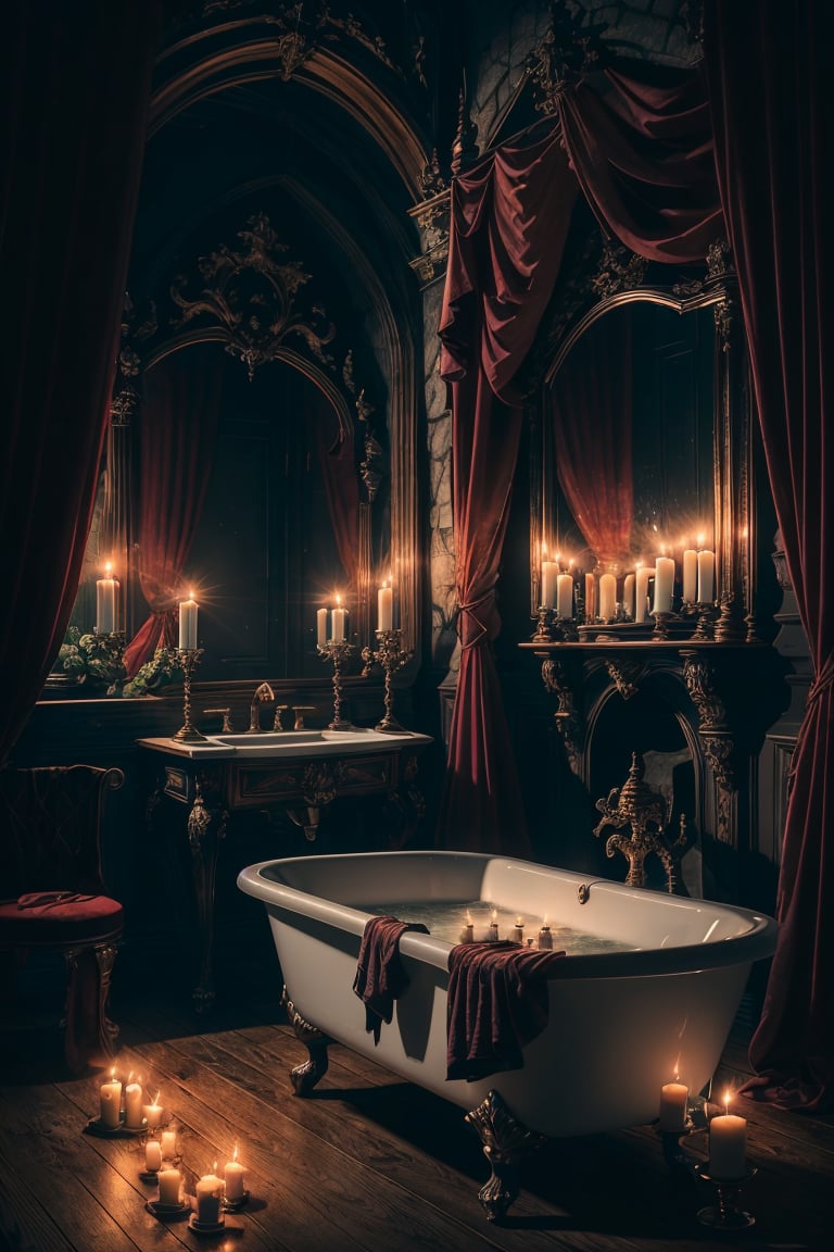 photography, bedroomgothic bathtub, gothic, dim light, mirror, gargoyle, dark curtains, candles, satan paintings, ornament, wooden floor, purple red light, dawn, <lora:ARWBedroomGothic:1>