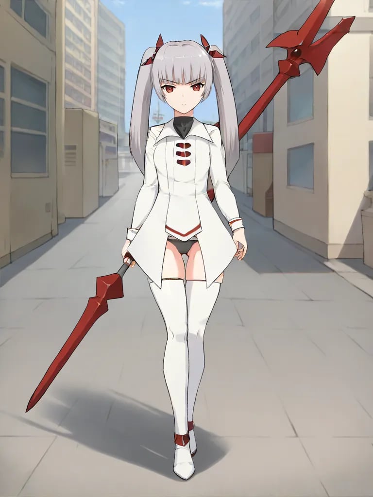 <lora:miamgbpony:1>,score_9, score_8_up, score_7_up, 1girl, solo, miamgb, grey hair, twintails, hair ornament, red eyes, magical girl, underwear, thigh boots, standing, looking at viewer, outdoors, streets, holding, weapon, polearm, spear, serious,