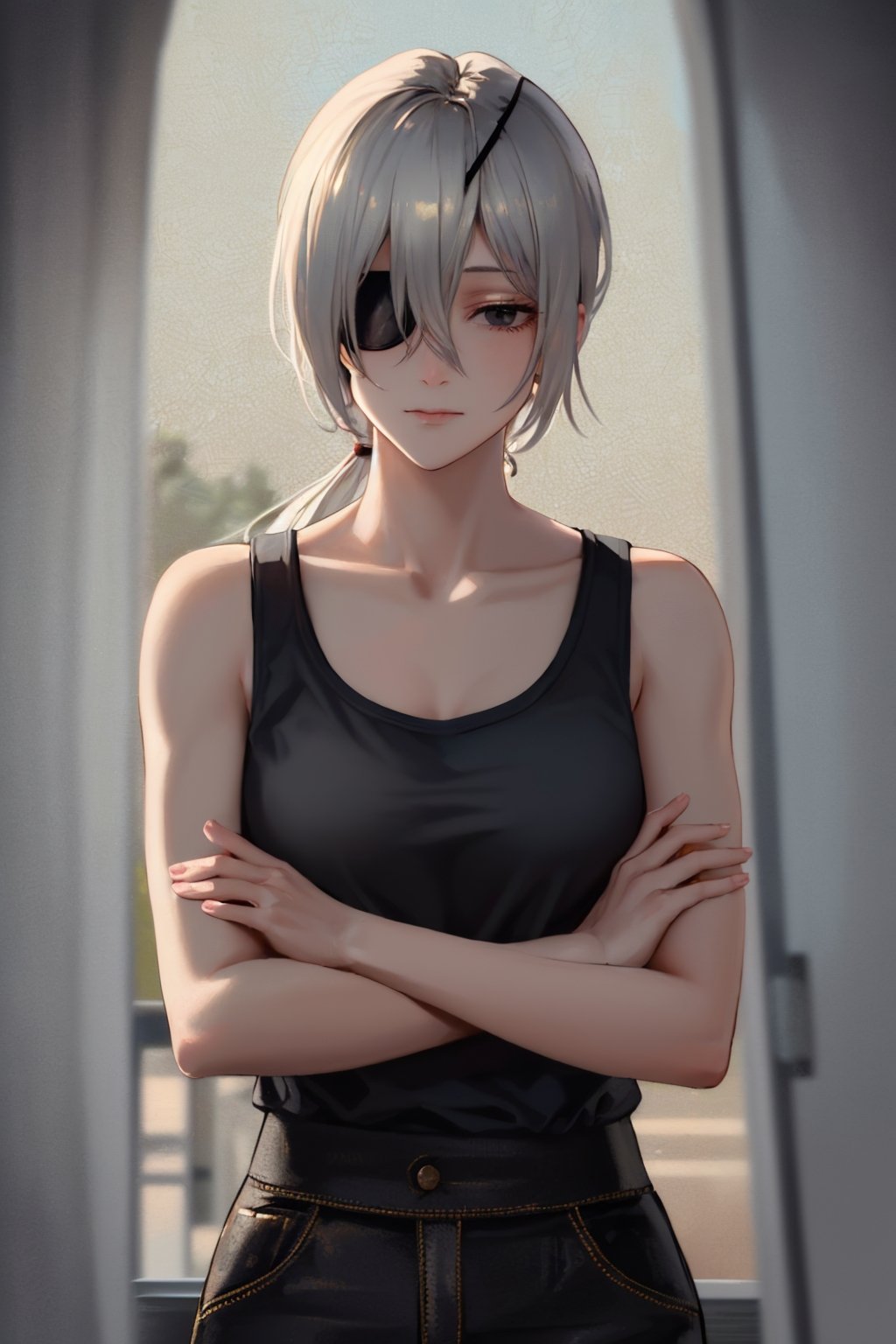 (masterpiece, best quality:1.2), solo, 1girl, quanxi, expressionless, closed mouth, looking at viewer, crossed arms, ponytail, eyepatch, black tank top, black pants <lora:csm_quanxi:1.0>