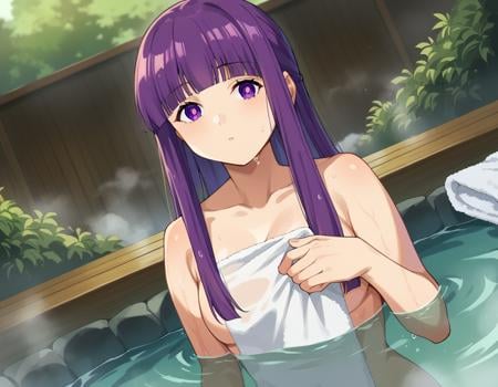 score_9, score_8_up, score_7_up, source_anime,fern, <lora:fern-s1-ponyxl-lora-nochekaiser:1>,fern, long hair, bangs, purple eyes, purple hair, sidelocks, blunt bangs, bright pupils, half updo,nude, naked, outdoors, onsen, towel, naked towel, steam, bathing, nude cover, partially submerged, water, bath, steam censor, wet towel,looking at viewer, cowboy shot, dutch angle,