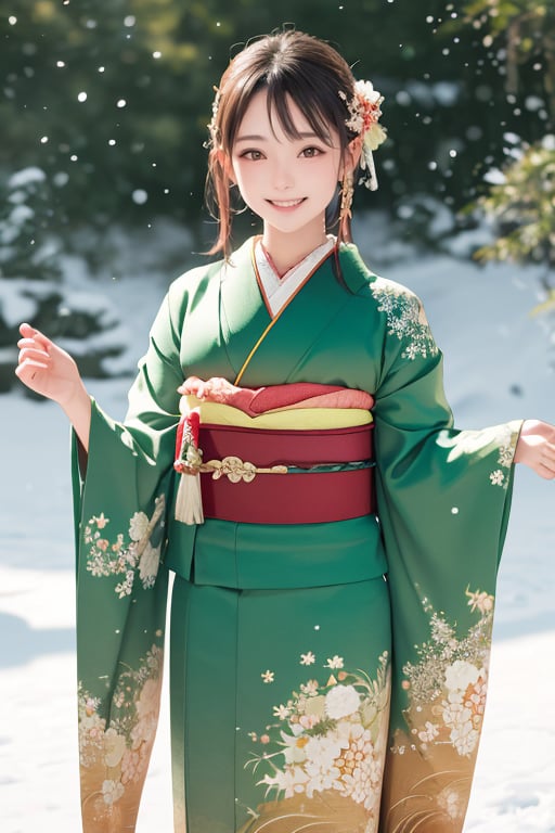 highres, ultra detailed, (best quality:1.2), very high resolution, refraction, full color, 1girl,smile,<lora:furisode-000016:1>green furisode, winter background, torii