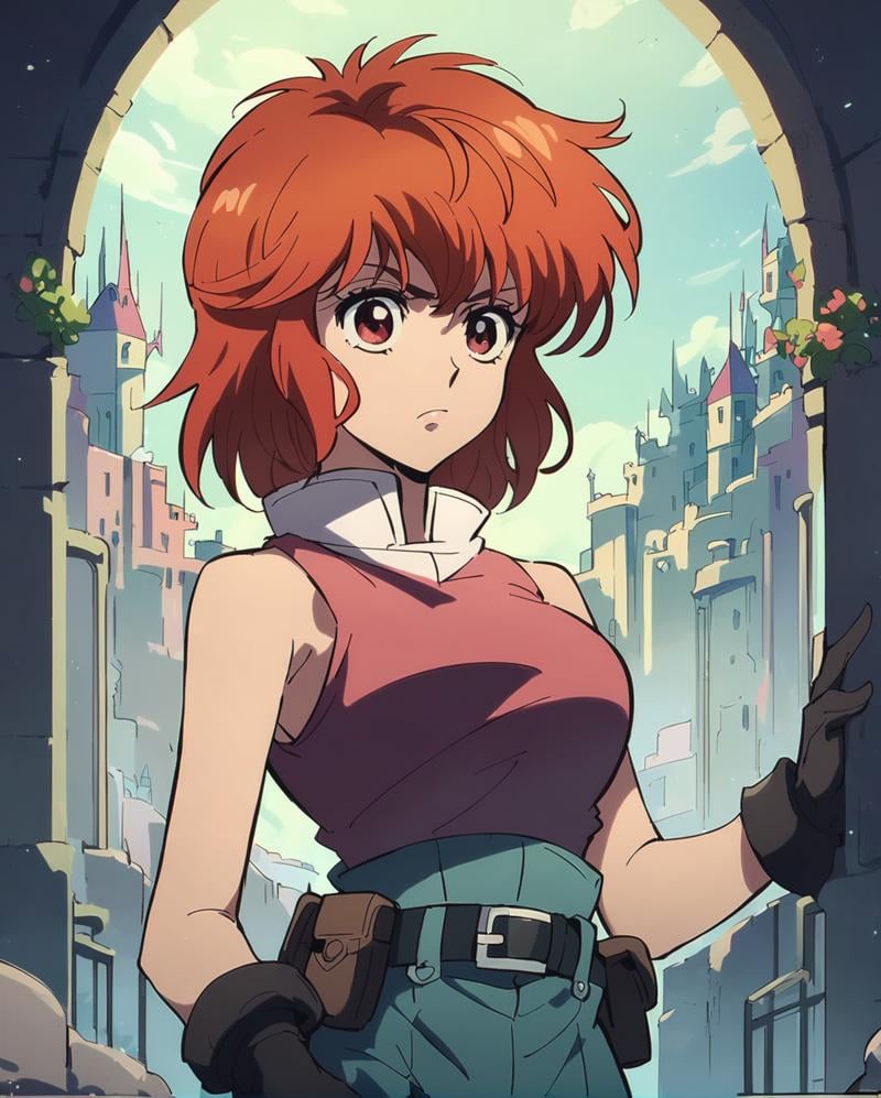 yoko, 1girl, red hair, solo, red eyes, short hair, gloves, belt, standing in the castle <lora:fallen_ai_PONY_Tia_Noto_Yoko_Bastard:1>, zPDXL, score_8_up, score_7_up, score_6_up, score_9, illustration