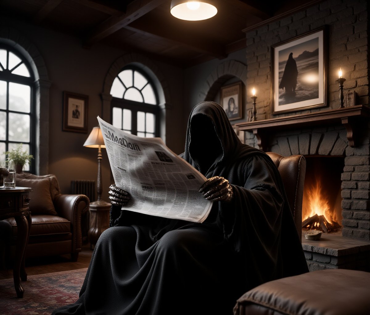 Nazgûl is reading a newspaper sitting in a cosy lovingroom with a fireplace. There is a framed picture of Nazgûl at the beach <lora:Nazgûl:0.9>