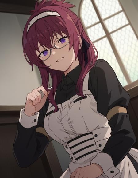 score_9, score_8_up, score_7_up, source_anime,lilyagreyrat, <lora:lilya-greyrat-s1-ponyxl-lora-nochekaiser:1>,lilya greyrat, purple eyes, red hair, glasses,long sleeves, dress, pantyhose, apron, maid, maid headdress, maid apron,indoors, smile,looking at viewer, dutch angle, cowboy shot,