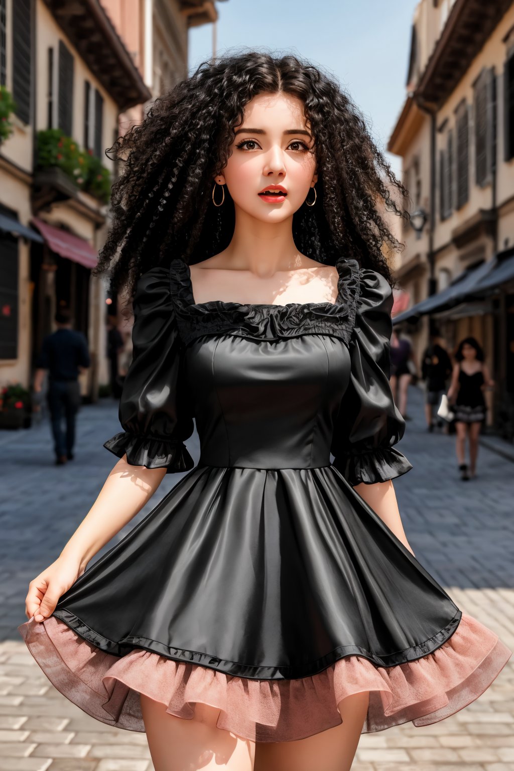 masterpiece, highly detailed 8k, best quality, volumetric lighting, volumetric lighting, intricate, Jet black big hair young woman in Agreeable Gray rfdrss, panicking, Coral Pink eyes, Historic Market Squares background <lora:ruffled dress v4.3-000007:1>