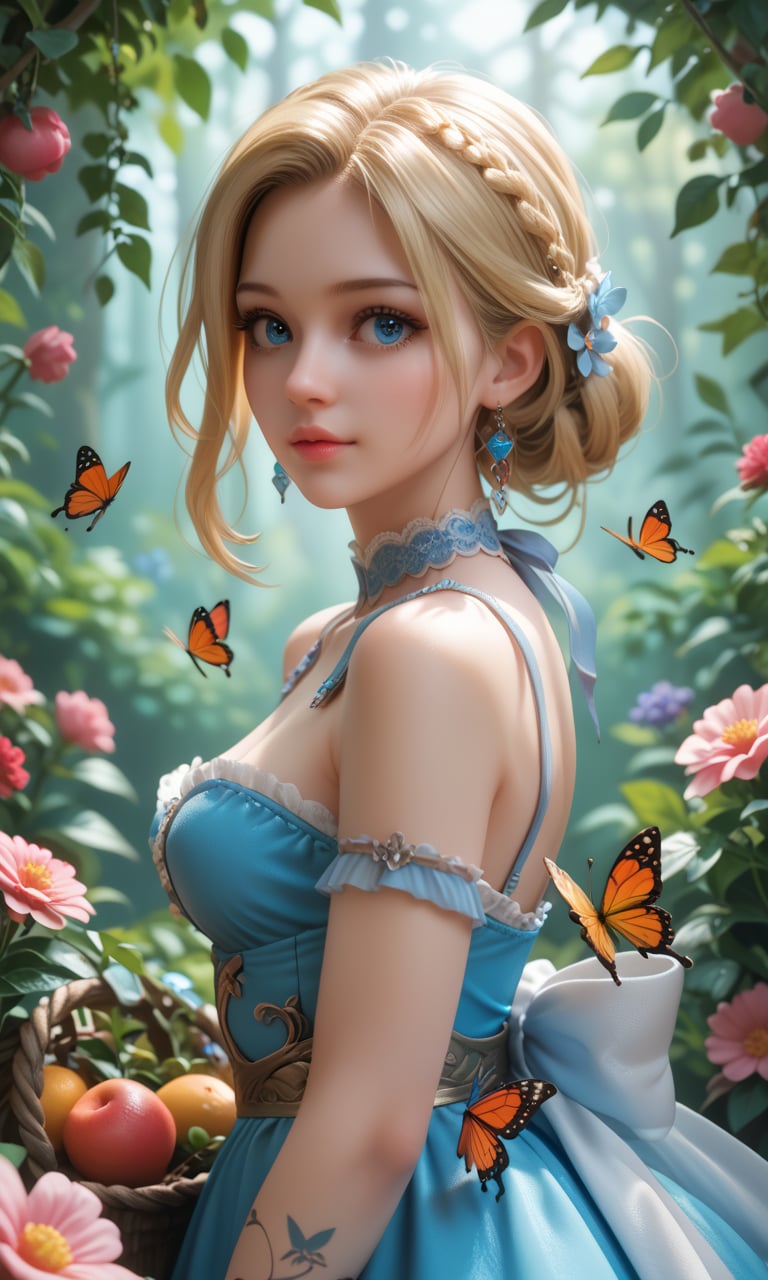 score_9, score_8_up, score_7_up, score_6_up, score_5_up, score_4_up, BREAK, portrait, 1girl, solo, blonde hair, blue eyes, masterpiece, best quality, ultra-detailed, floating, beautiful detailed eyes, detailed light, fruits, flowers, colorful, garden, colorful background, forest, butterfly