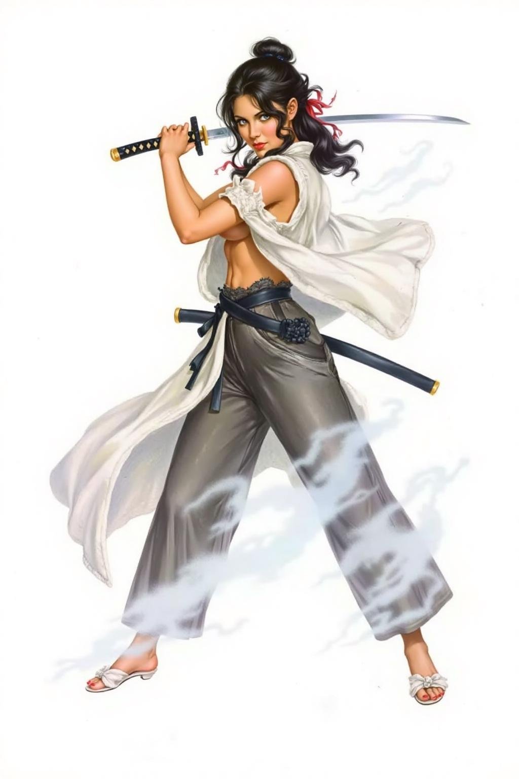 a1bertova illustration. a female Japanese samurai warrior wielding a katana,  blending form with reality. Glitching the su...