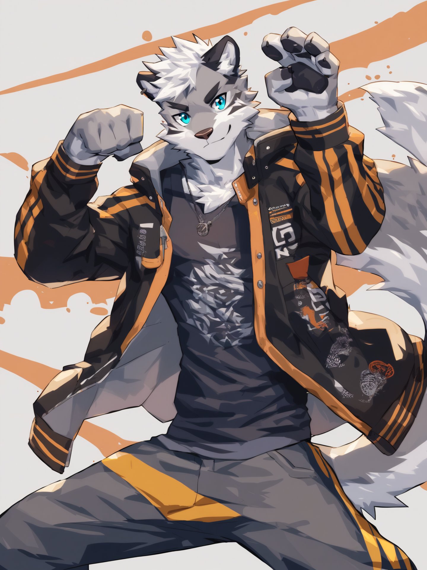 source_furry, jacket, streetwear, paw pose, blep, score_7_up, by littleblackalas <lora:littleblackalasxl_:0.8>