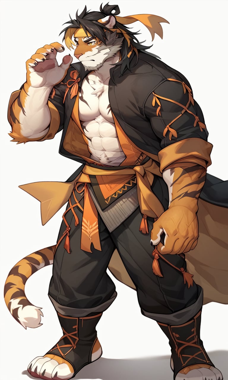 score_9,score_8 up,score_7 up,score_6 up,score_furry,hi res,槐天裴,manthro,tiger,solo,male,felid,Black clothes,muscular,striped fur,striped body,yellow turbanhair,fur,countershading,stripes,white background,clothed,5 fingers,Black hair,orange fur,full body,white body,digital media (artwork),<lora:Huai_Tianpei_XL_Pony_1-000008:0.8>,