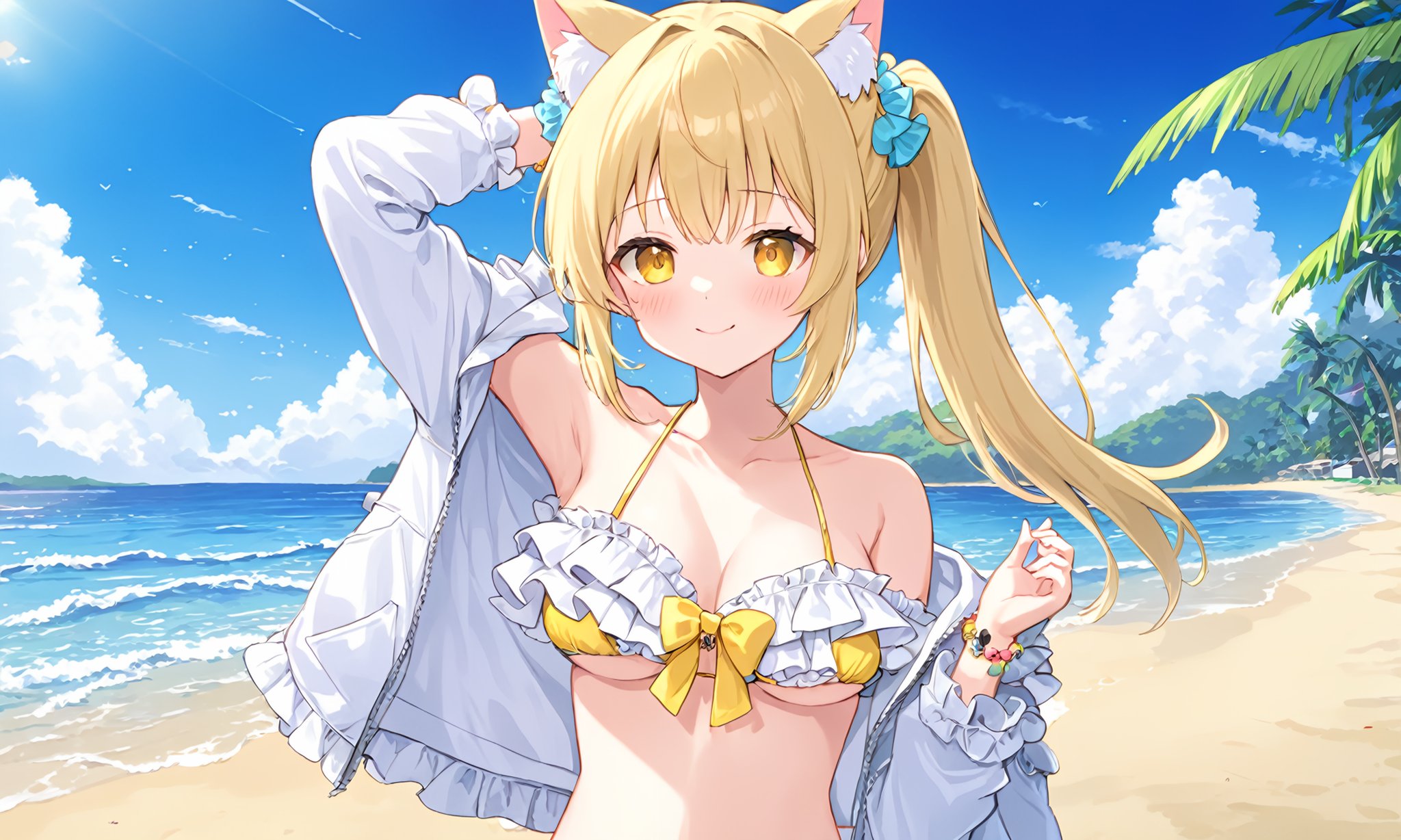 1girl solo animal-ears cat-ears swimsuit navel bikini long-hair animal-ear-fluff beach looking-at-viewer blonde-hair jewelry outdoors yellow-eyes white-bikini open-clothes frills day upper-body frilled-bikini blush bracelet bare-shoulders off-shoulder necklace jacket collarbone ocean :3 bangs eyebrows-visible-through-hair arm-up water armpits long-sleeves scrunchie sky open-jacket white-jacket closed-mouth hand-up hair-scrunchie white-shirt tree smile stomach blue-sky shirt side-ponytail open-shirt hair-ornament medium-breasts