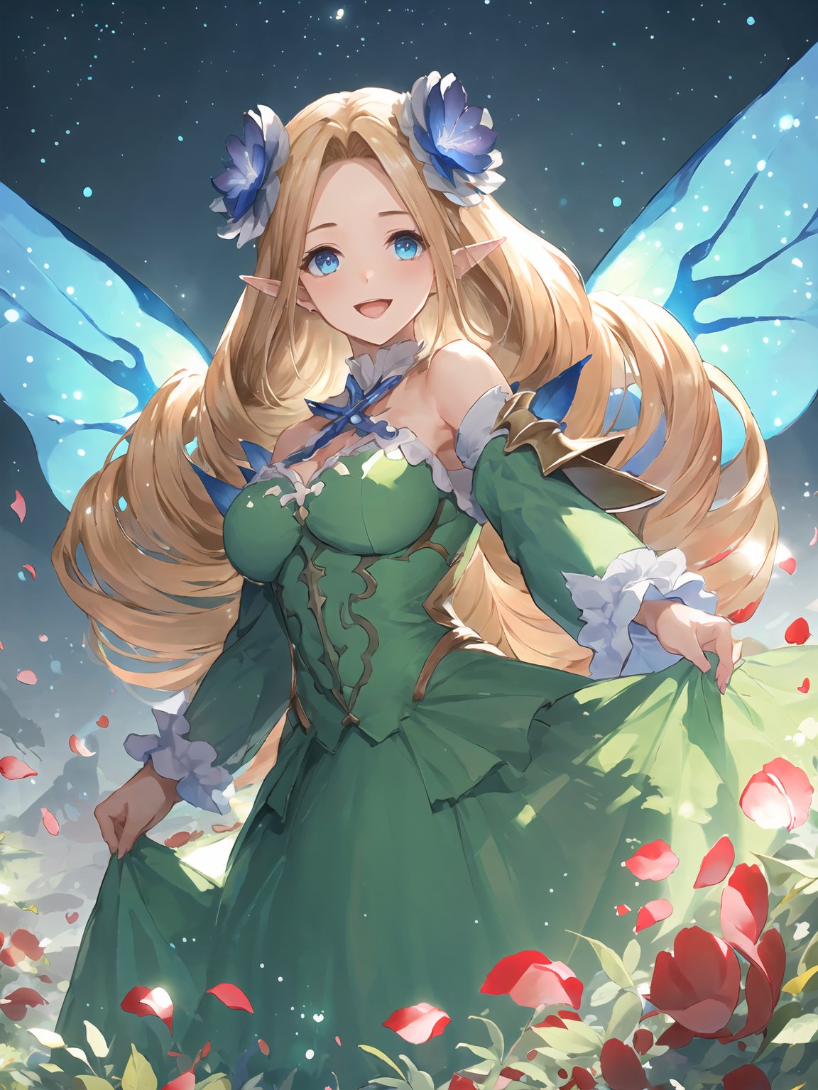 masterpiece,best quality,highres,cinematic lighting,dramatic angle,1girl,blonde hair,drill hair, green dress,parted bangs,cleavage,looking at viewer,pointy ears,blue eyes,bare shoulders,wings,frills,petal,grass,smile,<lora:ShadowverseBrilliantFairyV1-000021:0.8:lbw=jiangshi3>,detached collar,hair flower,depth of field,detached sleeves,straight-on,head tilt,close-up,night,starry sky,glowing particles,fairy,dancing,dance party,petals,skir lift,dress lift,happy,:d,crowd