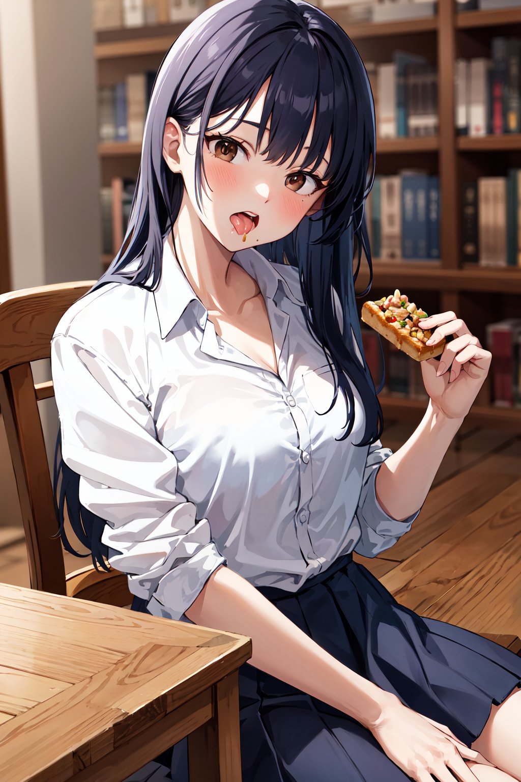 masterpiece, best quality, highres, aaanna, long hair, brown eyes, collarbone, collared shirt, white shirt, sleeves rolled up, pleated skirt, blue skirt, miniskirt, <lora:yamada_anna_v1:0.7>, library, sitting, table, food, snack, eating, upper body, open mouth, looking at viewer,