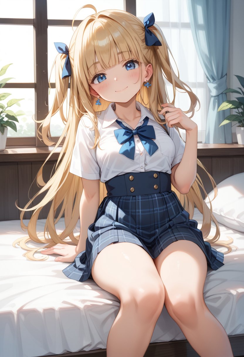 score_9, score_8_up, score_7_up, BREAK 1girl,1girl, solo, blonde hair, blue eyes, looking at viewer, sitting, white shirt, earrings, smile, ahoge, blue skirt, indoors, hair bow, pillow, pleated skirt, two side up, collared shirt, blush, collarbone, plaid skirt, blue bow, blue neckerchief, medium breasts, window, thighs, curtains, closed mouth, hand up, hair intakes, dress shirt, miniskirt, bare legs, eyebrows visible through hair, shirt tucked in, school uniform, feet out of frame, short sleeves, arm support, long sleeves, very long hair, day, buttons, blunt bangs, head tilt, sidelocks, hair ribbon, on bed, sunlight, wing collar, high-waist skirt, legs, knees together feet apart, bed, arm at side