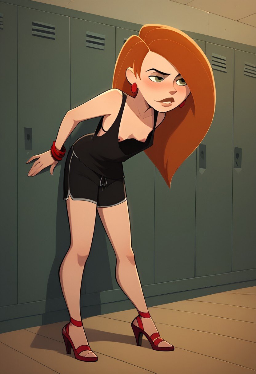 score_9, score_8_up, score_7_up, score_6_up, score_5_up, score_4_up, BREAK, Kim, Black dress, red high heels, red earrings and bracelets,locker room,short, athletic, small breasts, blushing, shorts, loose tank top, expressiveh, close up view down shirt, bent over, chest focus view, view down open shirt, boobs hanging down, nipples,