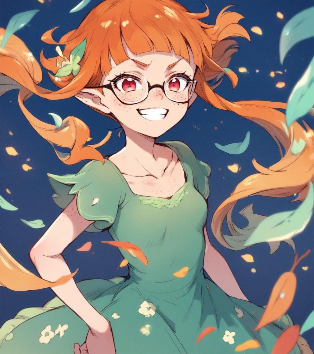 1girl,  a young whimsical elf girl in a leaf dress strolling around a fantasy street full of colorful magical energy,  blu...