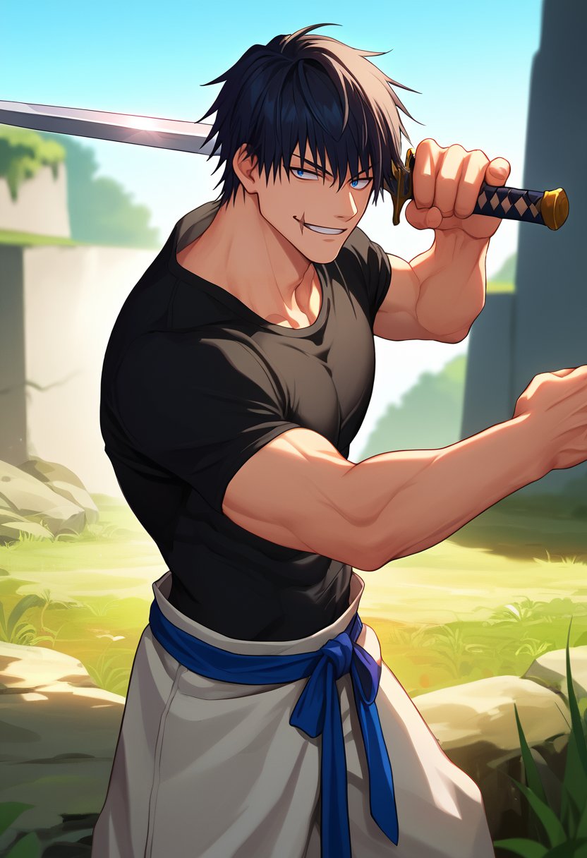 score_9, score_8_up, score_7_up, source_anime, solo, male focus, 1boy, jjkt0ji, scar on face, scar on mouth, muscular male, evil smile, looking at viewer, standing, weapon over shoulder, holding weapon, holding sword, blue eyes, black shirt, short sleeves, white pants, baggy pants, outdoors <lora:jjk_tojifushiguro_ponyXL:1> <lora:concept_overshoulder_ponyXL:1>