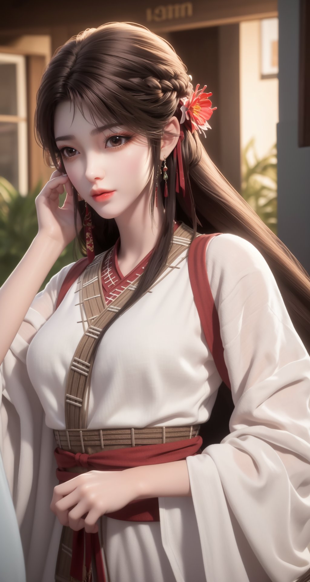 ,,masterpiece,(best quality),official art,extremely detailed cg 8k wallpaper,(extremely delicate and beautiful),,,solo,realistic,photo_\(medium\),portrait,|(chinese clothes,hanfu,long sleeves,wide sleeves:1.2)}),adfxx,1girl,solo,brown hair,brown eyes,jewelry,hair flower,earrings,hair ribbon,hair ornament,long hair,realistic,<lora:sangnv_v2.2:0.7>,adfxx,