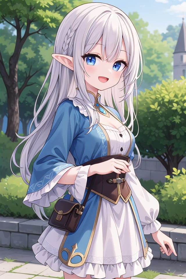 insanely detailed, absurdres, ultra-highres, ultra-detailed, best quality,1girl, solo, nice hands, perfect handsBREAKelf girl, (wearing sorcerer outfit:1.2), (nsfw:-1.5), (navel:-1)BREAKhappy smile, laugh, open mouthBREAK45 angle,standing, cowboy shot, looking at viewerBREAKslender, kawaii, perfect symmetrical face, ultra cute girl, ultra cute face, ultra detailed eyes, ultra detailed hair, ultra cute, ultra beautifulBREAKfantasy world, garden of castle, depth of field, ultra detailed backgroundBREAKmedium breasts,BREAKsilver hair, elf ear, blue eyes