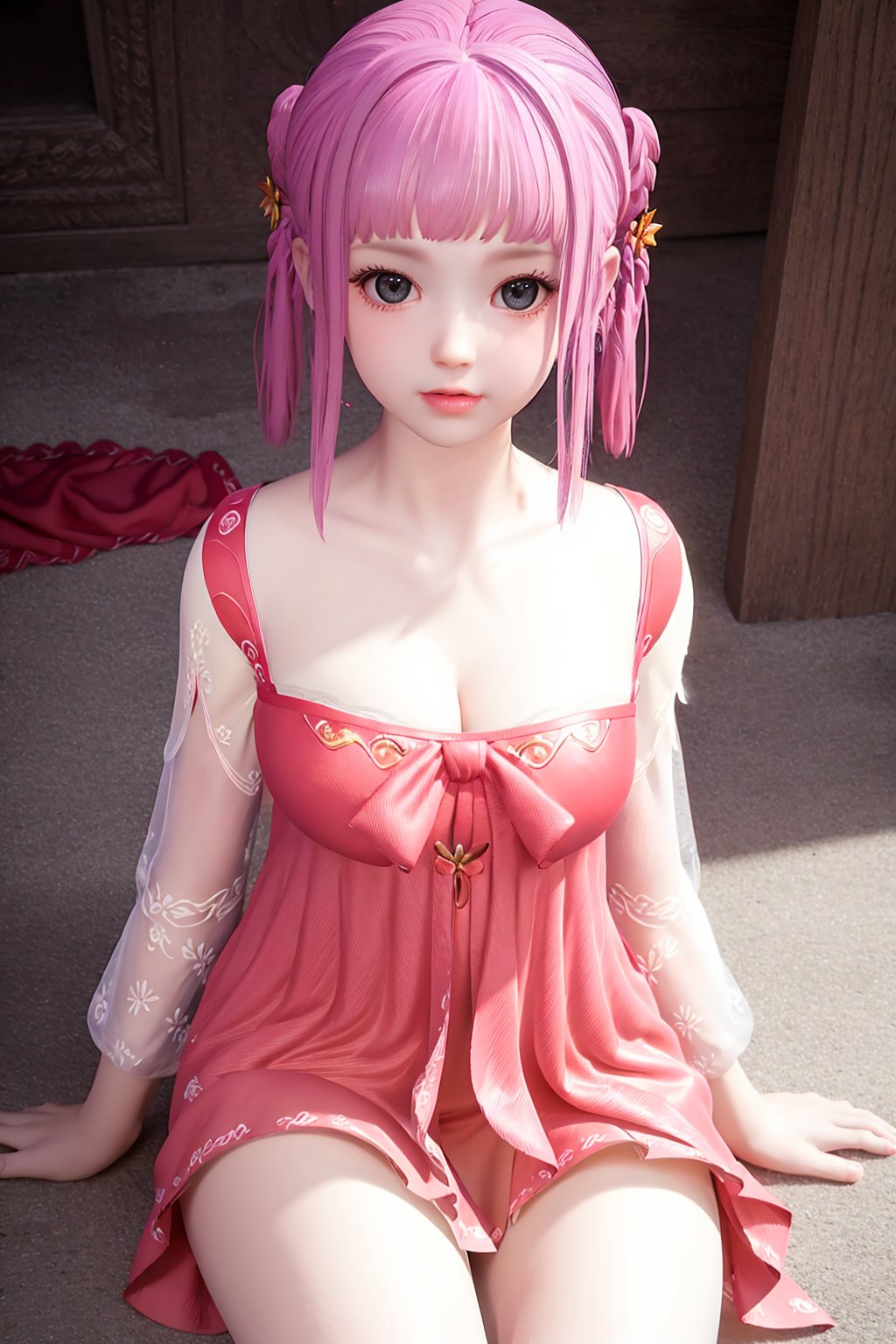 (8k, RAW photo, best quality, masterpiece:1.2),(realistic, photorealistic:1.3),ultra-detailed,extremely detailed cg 8k wallpaper,(crystalstexture skin:1.2),extremely delicate and beautiful,1girl,solo,pink hair,dress,hair ornament,black eyes,bangs,blush,long sleeves,photo_\(medium\),(breasts, medium_breasts, cleavage),looking at viewer,sitting,