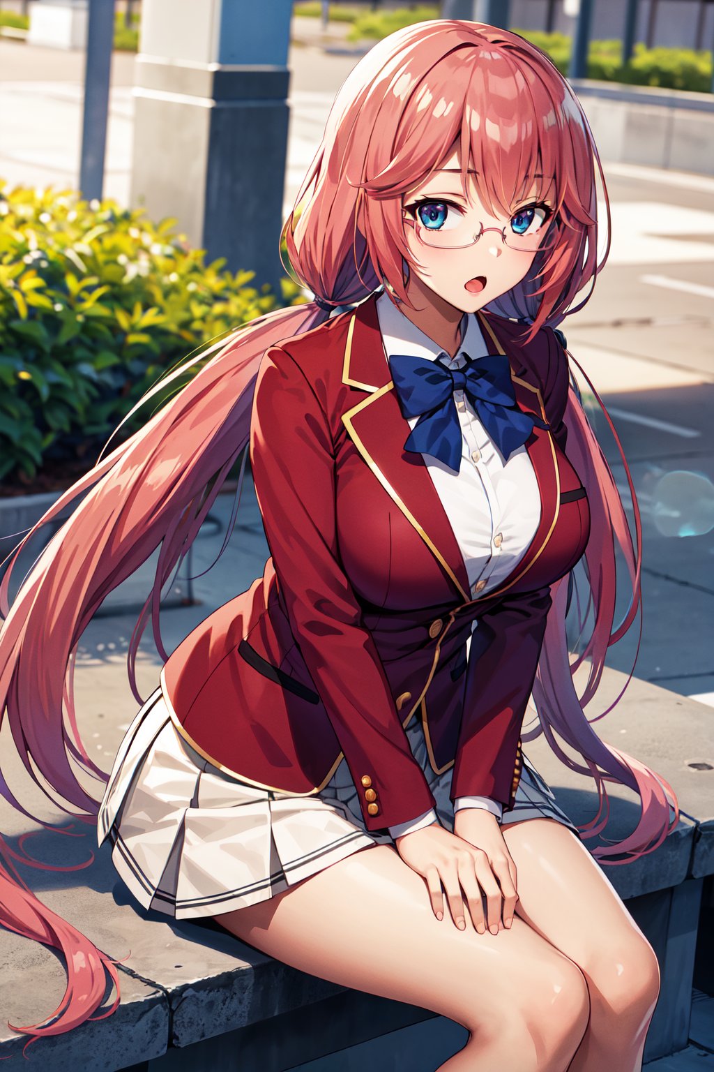 masterpiece, best quality, highres, 1girl, solo, long hair, pink hair, low twintails, blue eyes, glasses, large breasts, school uniform, blue bowtie, blazer, red jacket, long sleeves, white skirt, <lora:sakura_airi_v1:0.7>, :o, outdoors,