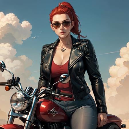 1girl, milf, mature female, biker, leather jacket, motorcycle, sunglasses, windy, red hair, ponytail, muscular female, tattoo, closed mouth