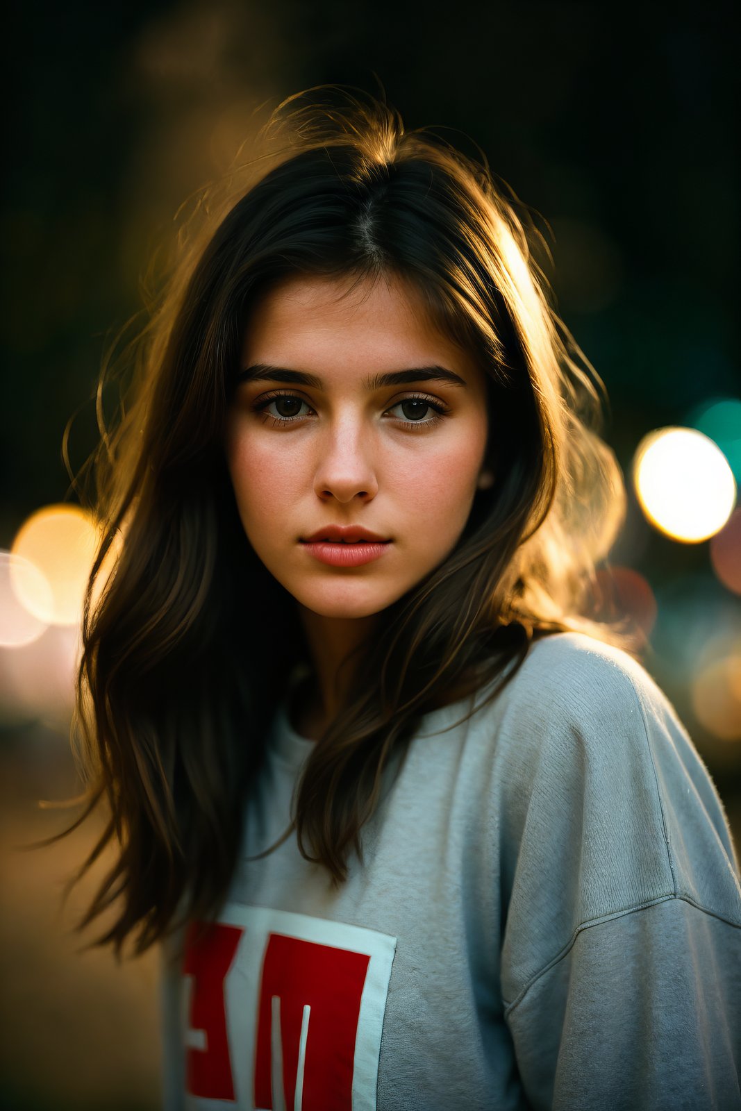 a beautiful 23-year-old woman,brunette,close-up,girl next door,baggy clothes,night,messy hair,film grain,retro,(bokeh:1.3),Porta 160 color,shot on ARRI ALEXA 65,sharp focus on subject,Fujifilm XT-3