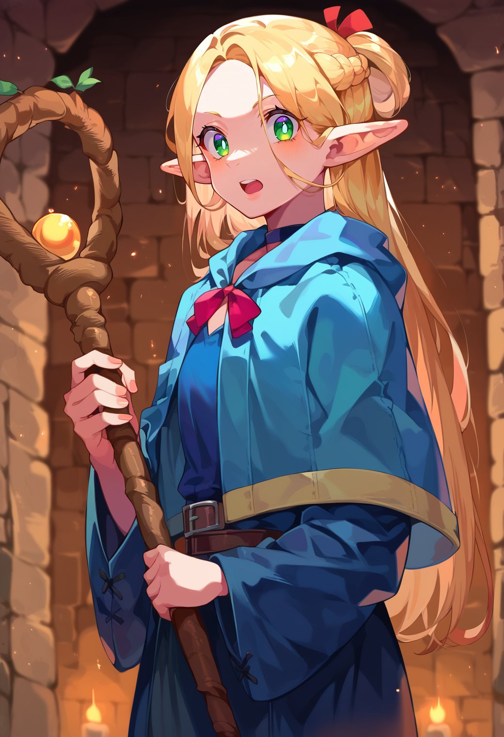 score_9, score_8_up, score_7_up, score_6_up, source anime, BREAK<lora:dungeon_meshi_collection:0.9> ellicrampnxl, marcille donato, 1girl, pointy ears, elf, capelet, robe, dungeon, staff, holding, holding staff, looking at viewer