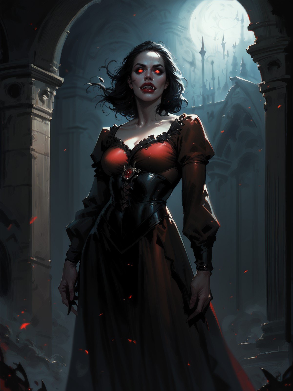 score_8_up, score_7_up, vampire queen standing in dark, black hair, ornate dress, no pupils, no sclera, red lips, fangs, castle indoors, moonlight, particles, night, dark scene, realistic, painting