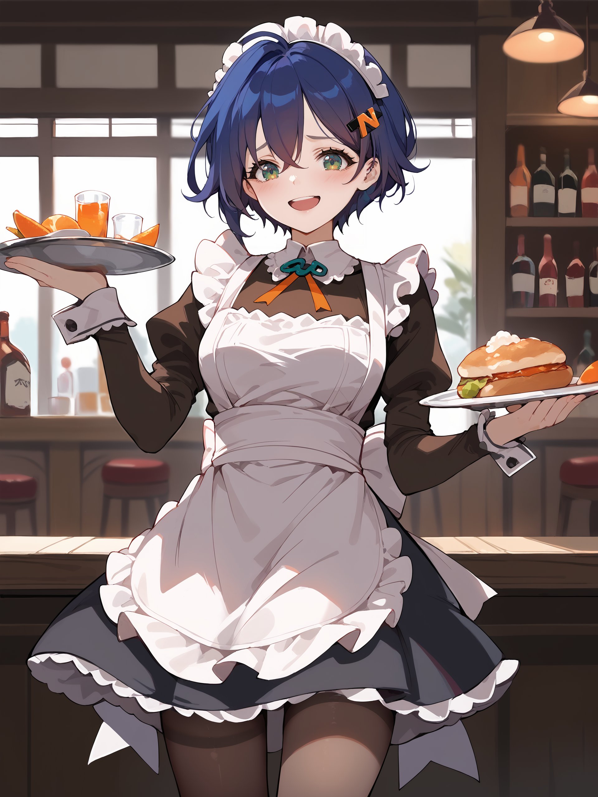 score_9, score_8_up, score_7_up, source_anime, 1girl, belle \(zenless zone zero\), hairclip, solo, maid, maid headdress, maid apron, smile, embarrassed, pantyhose, open mouth, blush, smile, holding plate, looking at viewer, cowboy shot, bar \(place\), indoors, depth of field <lora:Char-ZZZ-Belle-Pony-V1:0.9>