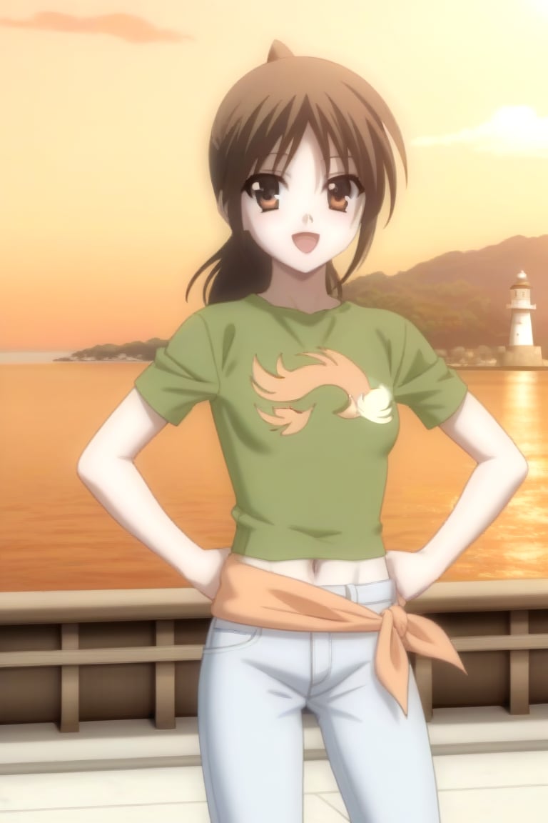 Highly detailed, High Quality, masterpiece, beautiful, source_anime, 1girl, solo, (feminine focus, young woman, 16 years old), Otome Katou, brown hair, brown eyes, medium hair, ponytail, tiny_breasts, green shirt, navel, midriff, jeans, sea lighthouse, stones near the coast, looking_at_viewer, standing, hands on waist, happy, open_mouth, Focus breasts<lora:EMS-453333-EMS:1.000000>