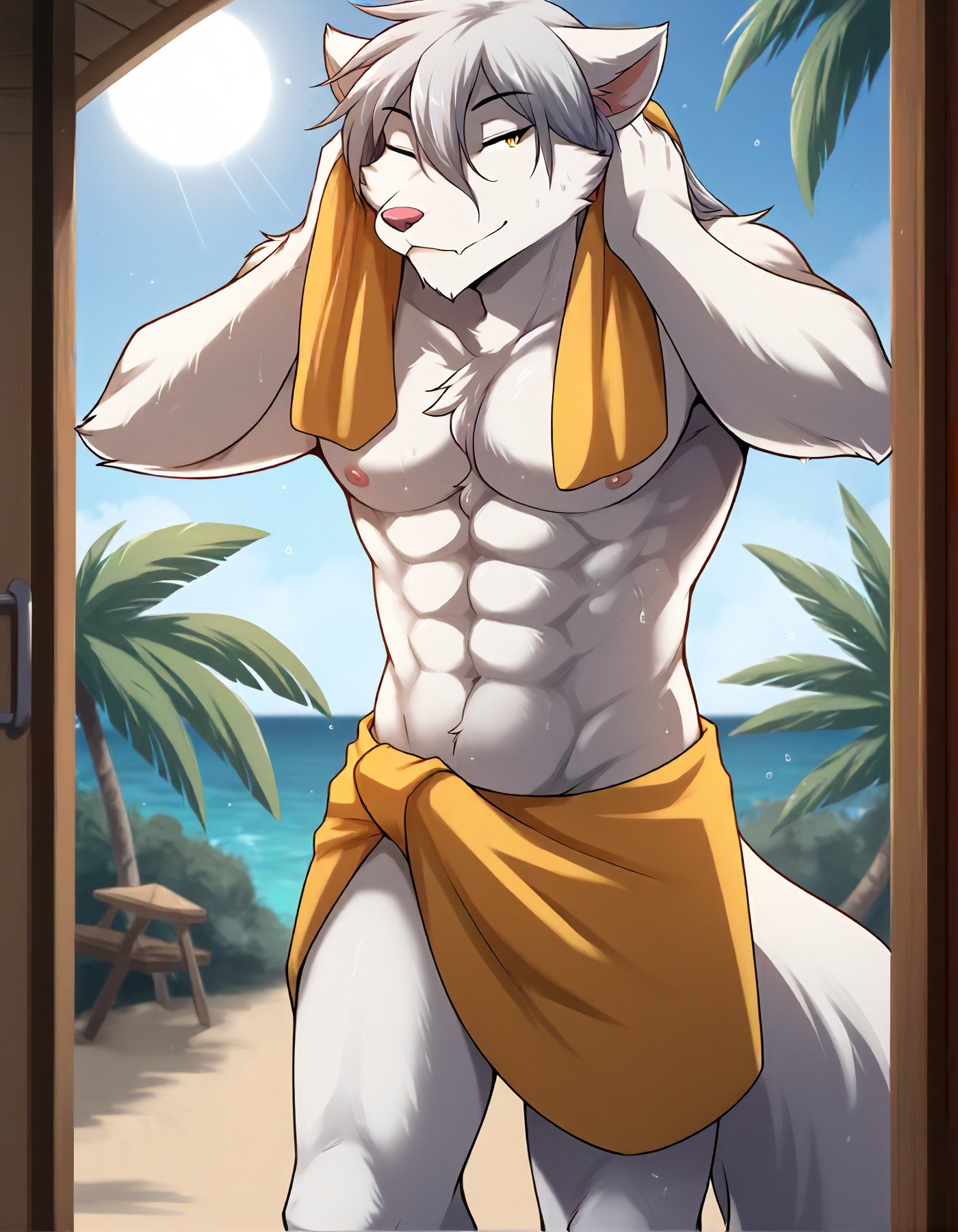 score_9, score_8_up, score_7_up, score_6_up,source_furry,rating_explicit, (solo:1.2), 1boy male muscular, wet fur, wet hair, walking out of the shower, towel around waist, (hands in hair:1.3), eyes closed, fluffy tail, beach hut, tropical, palm tree,, <lora:Raine_TwoKinds_PDXL_epoch_4:1>, tkraine, wolf, yellow eyes, silver hair, white fur