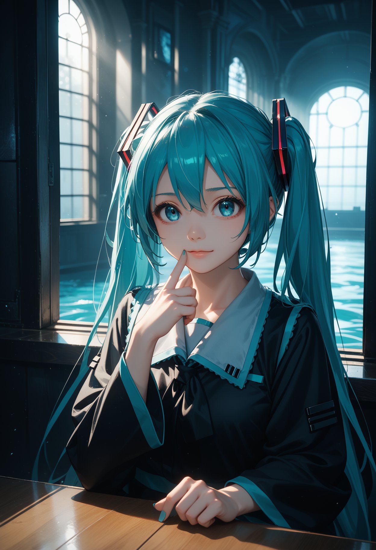 1 girl,Hatsune Miku,cute face,43stl1ght1ng,low light,dramatic lighting,darkness,window lighting,eye lighting,water,black background,, cinematic film still,score_9,score_8_up,score_7_up,masterpiece,best quality,perfect anatomy,very aesthetic,official art,8k,