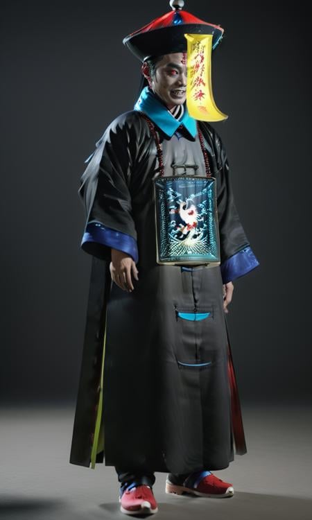 cinematic photo ((masterpiece)),((best quality)),8k,high detailed,ultra-detailed,intricate detail,full body,photography,((huangfu:2),huangfu paper,1boy, A cool handsome boy in black nanjiang costume with huangfu paper in head,(blood-red eyes)),(grinning menacingly),. His traditional features clash with the contemporary surroundings. ((lurking:1.2)), (bustling), (neon streaks), Cinematic lighting, capturing the tension between tradition and urban life.,<lora:QDjiangshi_YF:1>, . 35mm photograph, film, bokeh, professional, 4k, highly detailed