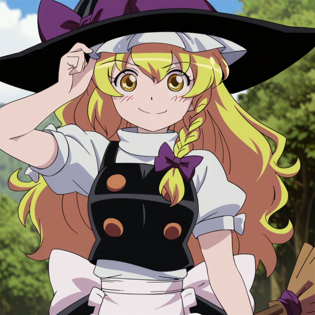 masterpiece, best quality, <lora:tgm-xl-a3.1:1>,anime coloring, 1girl, kirisame marisa, blonde hair, hat, solo, witch hat, yellow eyes, braid, smile, long hair, style parody, bow, parody, puffy sleeves, short sleeves, hair bow, broom, upper body, blush, single braid, puffy short sleeves, looking at viewer, official style, hand on headwear, fake screenshot, side braid