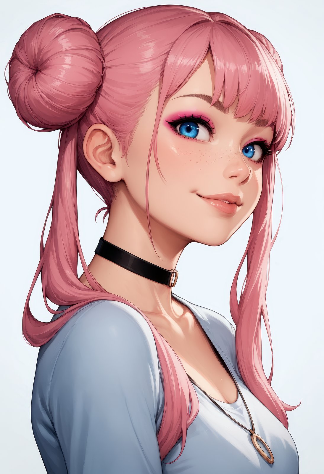 score_9, score_8_up, score_7_up, source_real, source_cartoon1girl, pink hair, blue eyes, necklace, (bangs:1.1), side view, (detailed face and eyes:1.2), white background, perfect cute face, turning to look at viewer, vibrant colours, cocky smile, choker, (freckles:0.6), eyeshadow, pigtail buns, round face