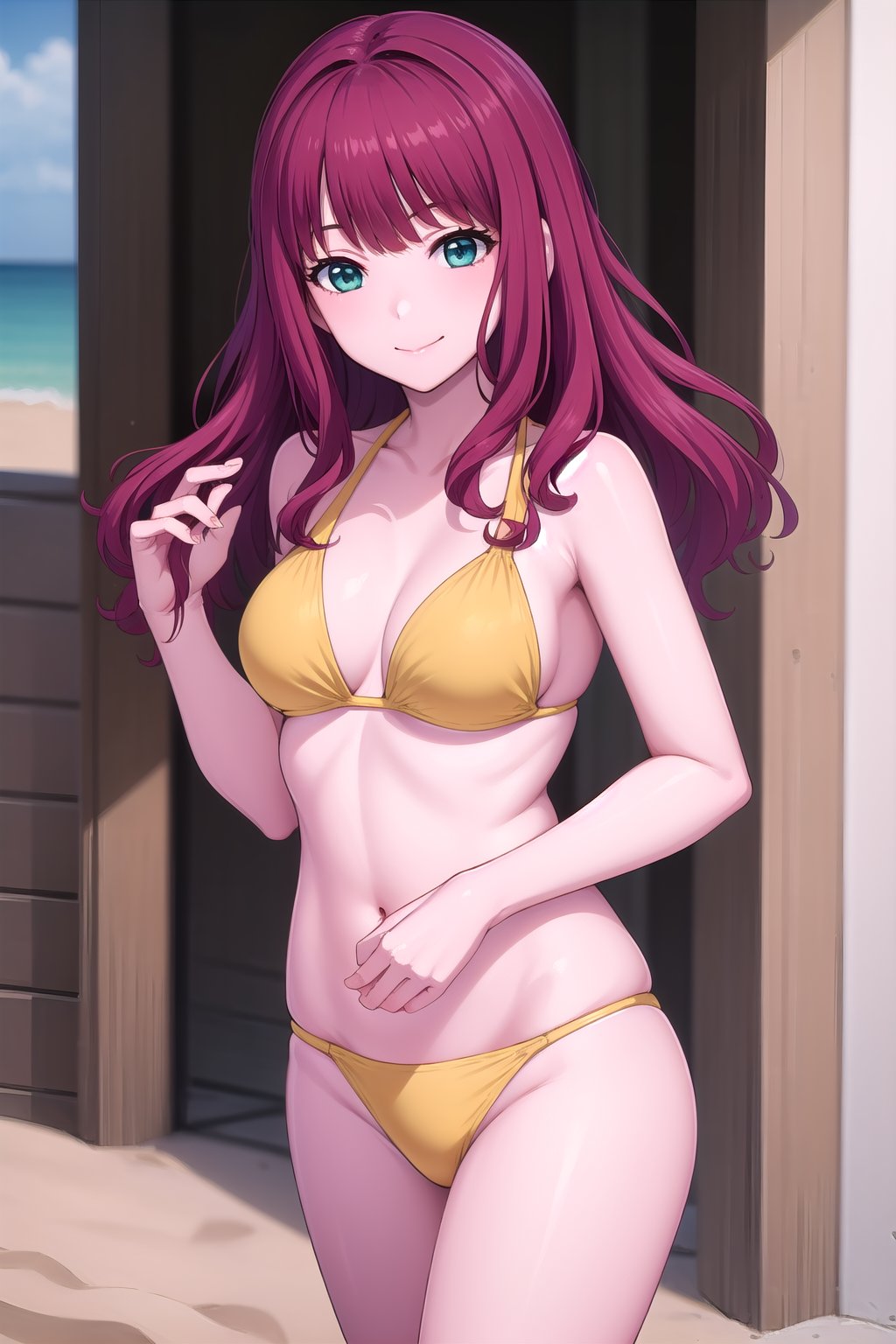 (masterpiece, best quality), highly detailed background, perfect lightingbest quality, ryoohaena, solo, outdoors, beach, red hair, blunt bangs, wavy hair, long hair, aqua eyes, medium breasts, yellow bikini, swimsuit, smile, closed mouth, :), <lora:Ryoo-Haena:0.7>