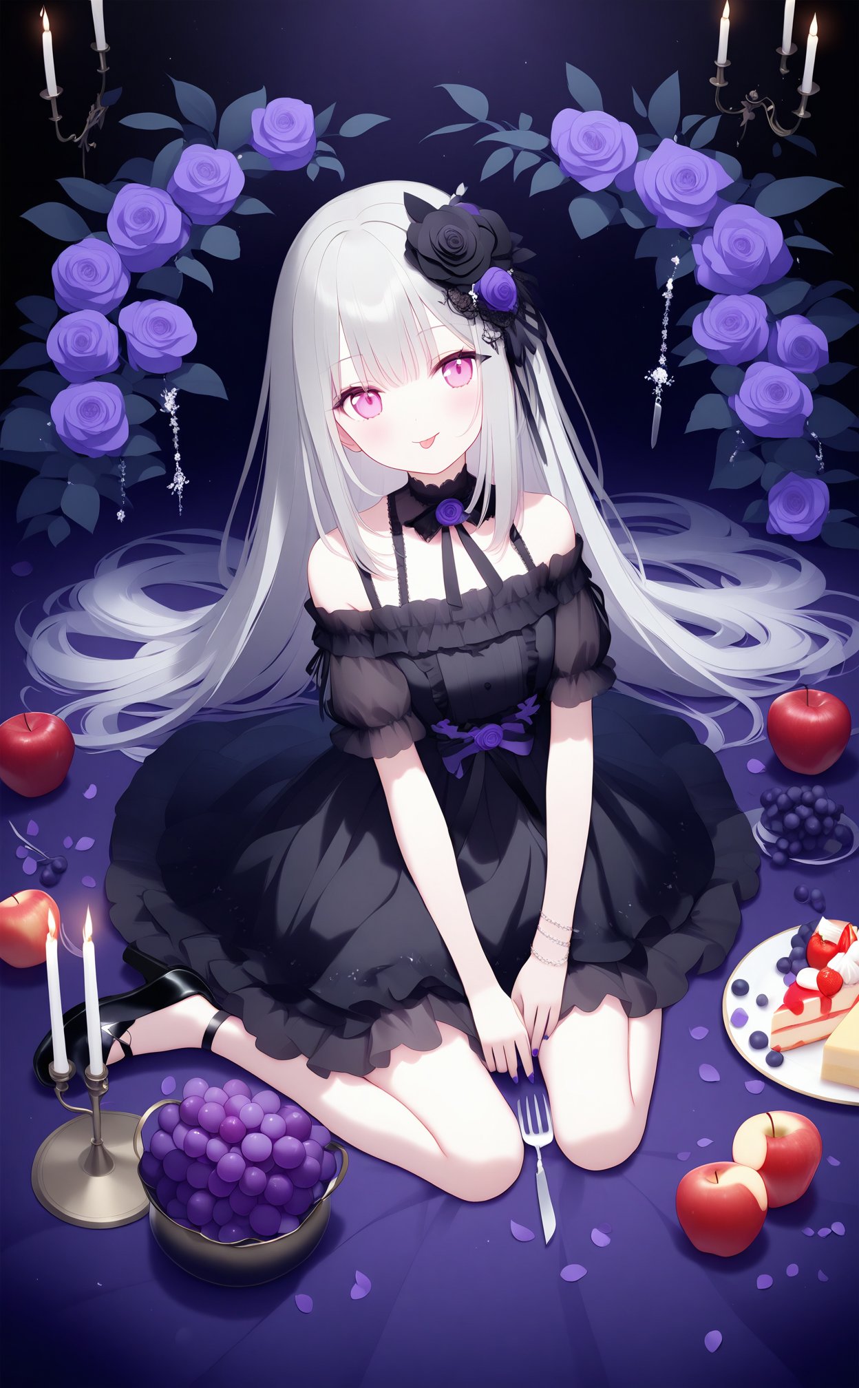 masterpiece,best quality,high quality,(colorful),artist Alens,loli,1girl,flower,fruit,candle,food,rose,knife,dress,fork,solo,hair flower,black dress,grapes,hair ornament,long hair,apple,looking at viewer,tongue,tongue out,purple flower,purple rose,purple nails,nail polish,black flower,bare shoulders,candlestand,grey hair,sitting,breasts,pink eyes,gothic lolita,wariza,black footwear,from above,lolita fashion,smile,black rose,off shoulder,frills,short sleeves,