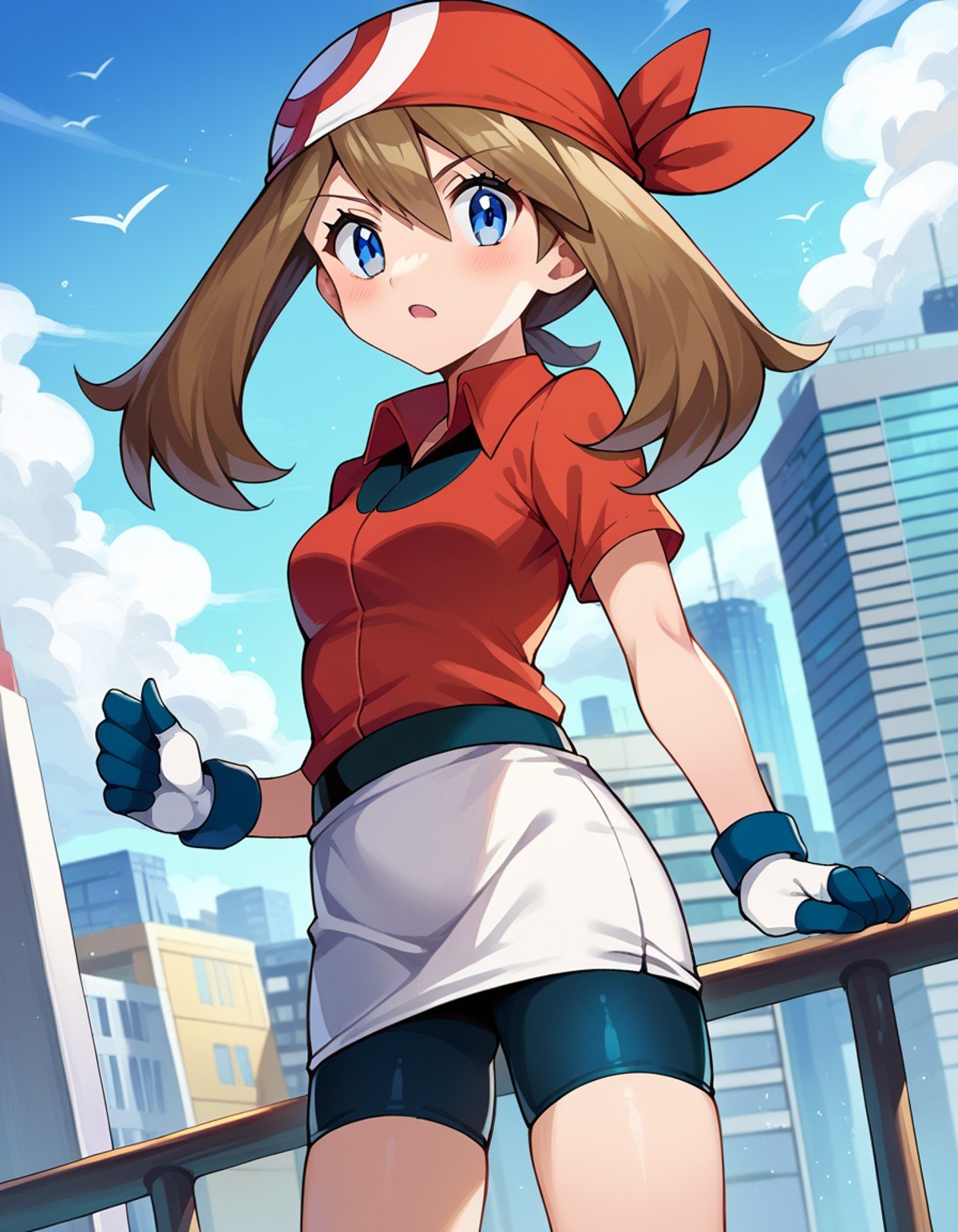 score_9, score_8_up, score_7_up, source_anime,pokemonmay, <lora:pokemon-may-ponyxl-lora-nochekaiser:1>pokemonmay, blue eyes, brown hair, bandana, long hair, red bandana, twintails, hair between eyes,bike shorts, collared shirt, gloves, microskirt, multicolored shirt, pencil skirt, red shirt, shirt, short sleeves, skirt, white skirt,outdoors, cityscape,looking at viewer, cowboy shot, dutch angle,