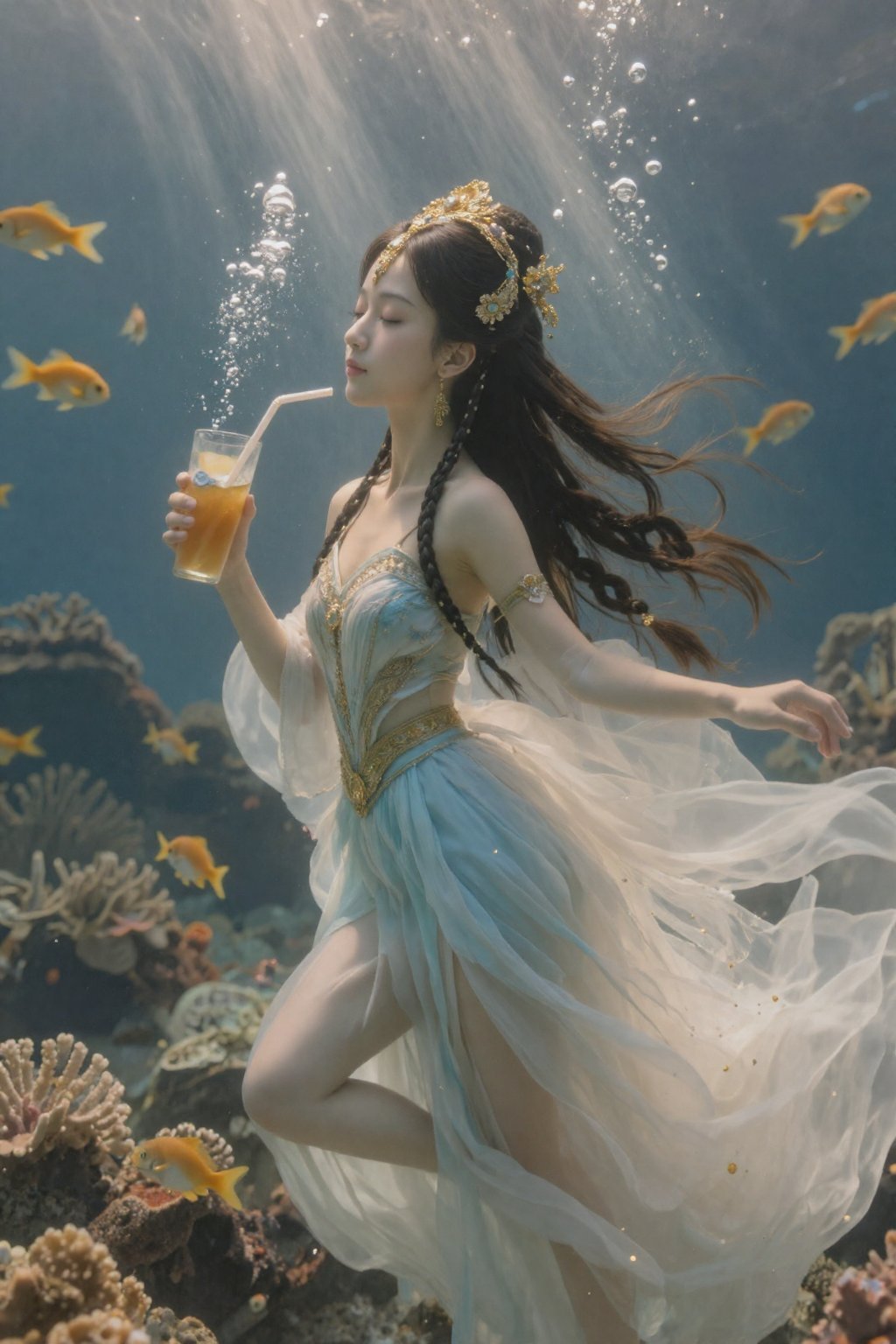 画面中,  一位看似二十岁出头的东亚女性身处水下,  手持一杯插着吸管的饮料。她一头乌黑的长发梳成两条粗辫 by 天TIN on Tensor.Art