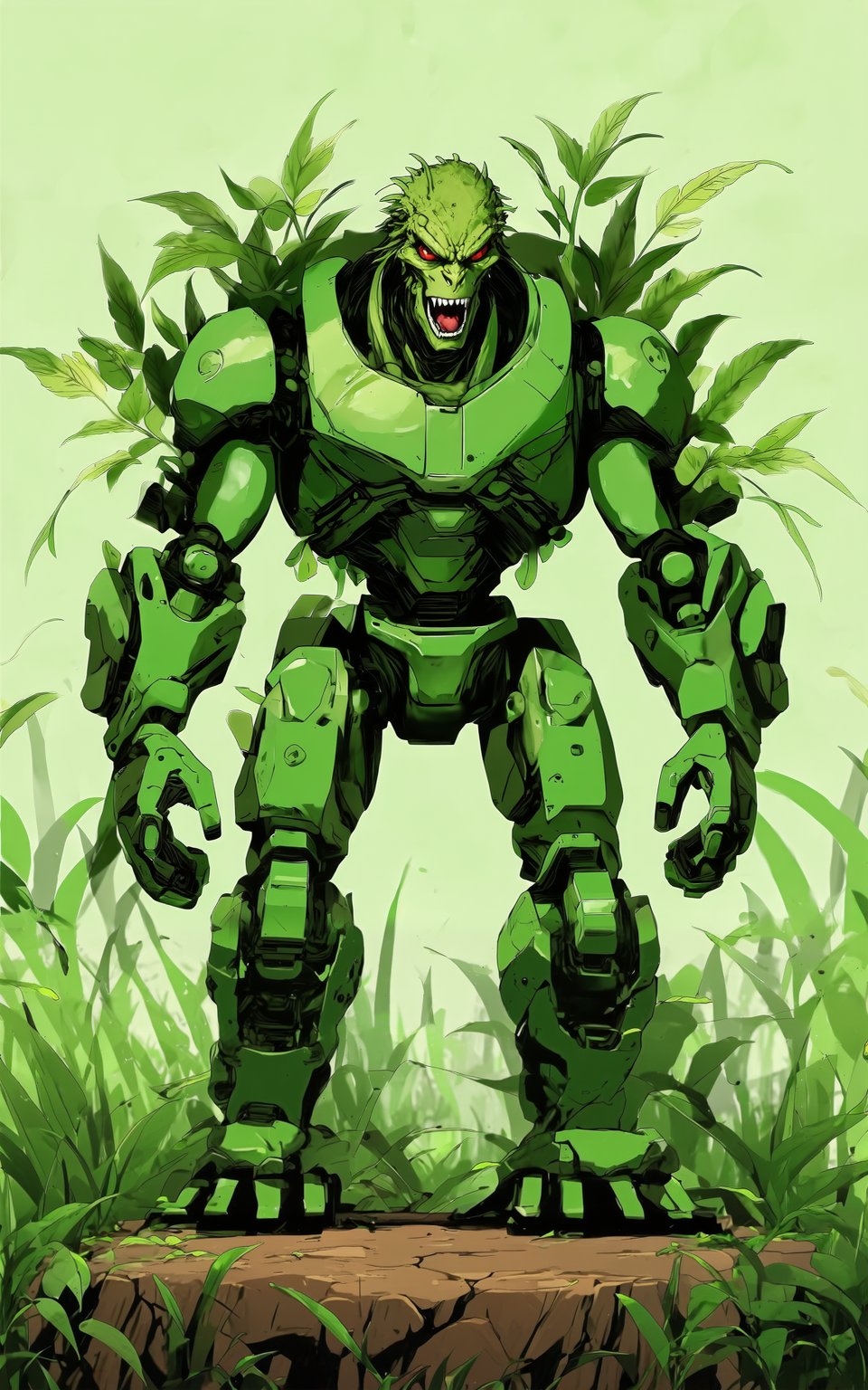 anime style, cybernetic green humanoid creature, muscular build, robotic enhancements, overgrown with plants, biomechanical design, rugged texture, intense expression, standing on a rocky platform, lush green background, post-apocalyptic setting, detailed machinery, high detail, high resolution, 1creature, cybernetic, muscular, green, biomechanical, overgrown.