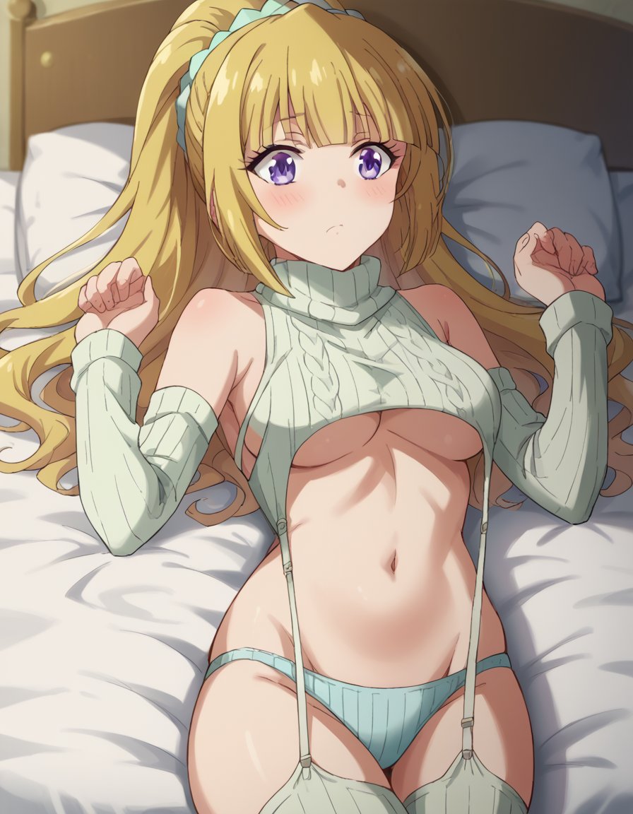 score_9, score_8_up, score_7_up, source_anime, keikaruizawa, <lora:kei-karuizawa-anime-s2-ponyxl-lora-nochekaiser:1>, kei karuizawa, long hair, bangs, blunt bangs, purple eyes, blonde hair, hair ornament, ponytail, scrunchie, blue scrunchie,, <lora:virgin-destroyer-sweater-ponyxl-lora-nochekaiser:1>, virgin destroyer sweater, ribbed thighhighs, ribbed panties, ribbed sleeves, aran legwear, write garter straps, sleeveless sweater, sleeveless turtleneck, turtleneck sweater, cropped sweater, underboob, navel, sideboob,, indoors, bed, bed room, on bed, on back, blush,, cowboy shot, dutch angle,