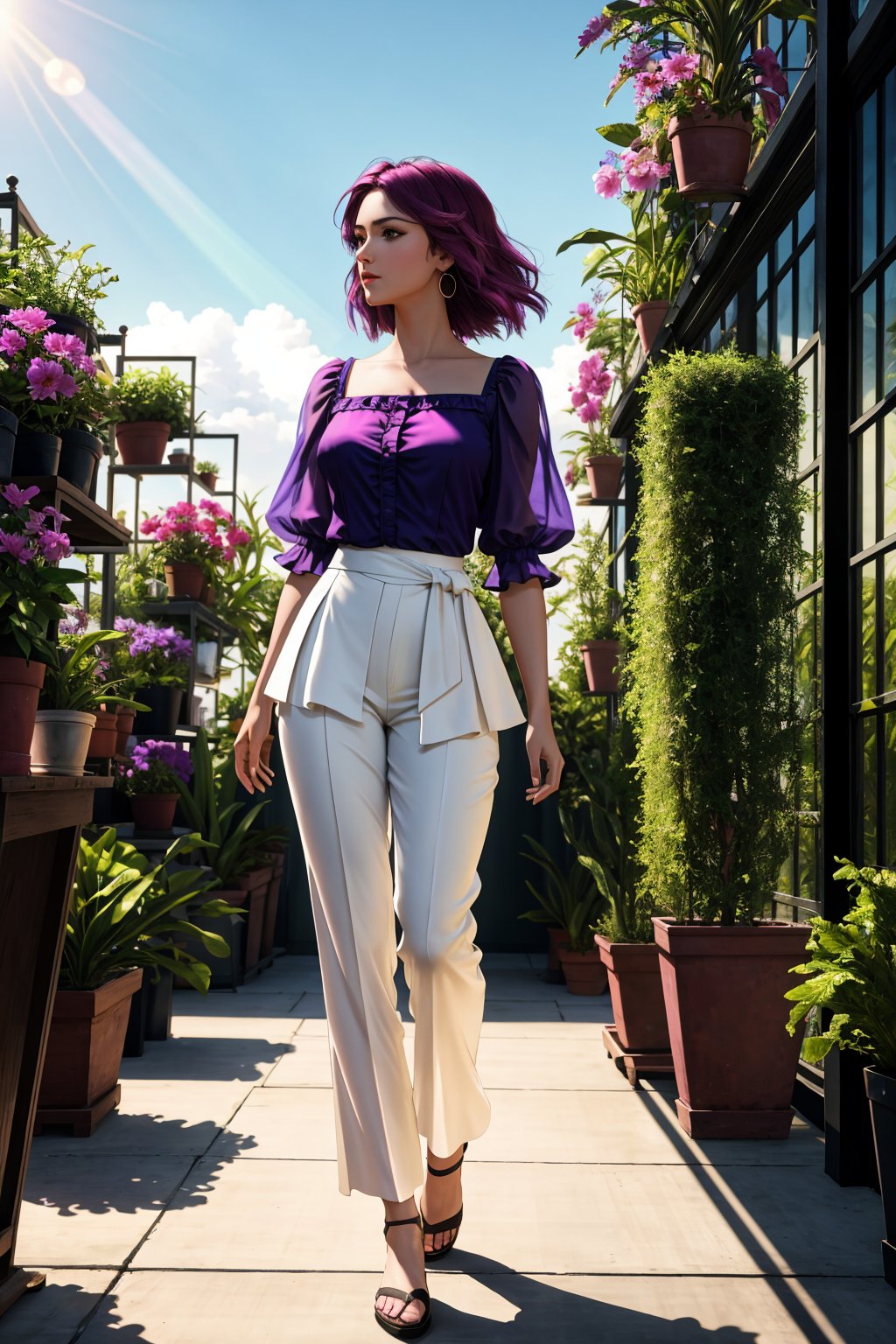 masterpiece of photorealism, photorealistic highly detailed professional 8k raw photography, best hyperrealistic quality, volumetric real-time lighting and shadows, front profile full body Photography, Time Traveler, Square: Bust, waist, and hips have similar measurements, creating a straight silhouette,  **Ruffled Wrap Blouse with Wide-Leg Trousers**, Vibrant Violet and Magenta Highlights, Walking on tiptoes: Adding grace and elegance by walking on tiptoes., Victorian Greenhouses with Exotic Plants full of busy people, Cinematic Tilt-Down from Sky to Ground