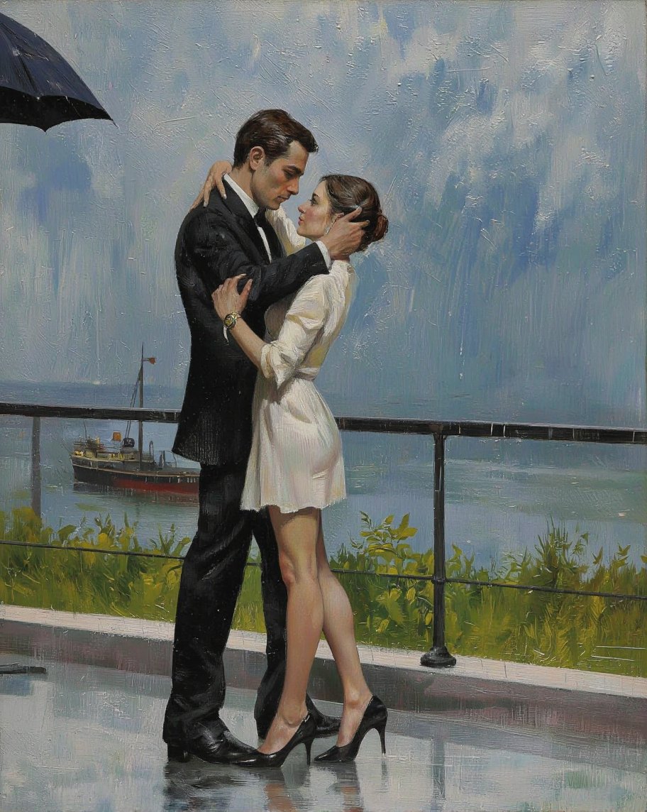 RobGin style. A romantic,  oil painting of a couple dancing tango in the rain,  captured from a side camera angle. the cou...