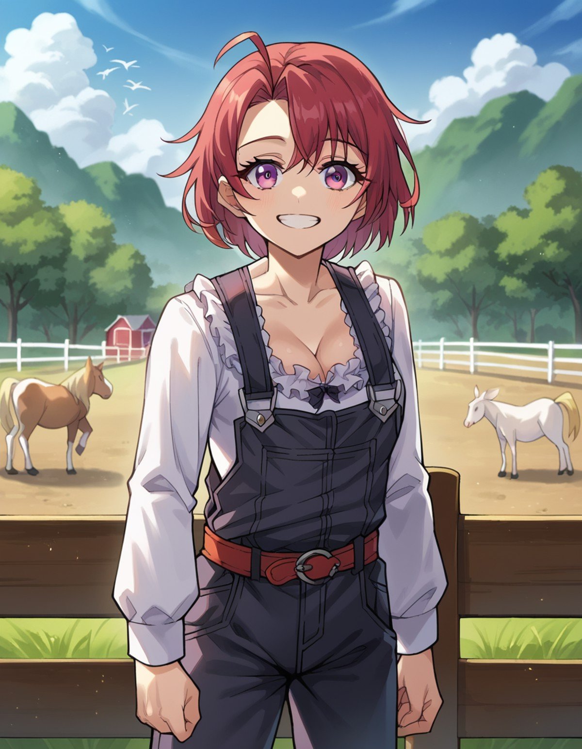 score_9, score_8_up, score_7_up, source_anime,cowgirl, <lora:cow-girl-ponyxl-lora-nochekaiser:1>,cow girl, ahoge, red hair, purple eyes, short hair, smile,cleavage, collarbone, frills, long sleeves, overalls, suspenders,outdoors, farm, cows, chickens, goats, horse,looking at viewer, cowboy shot, dynamic pose,