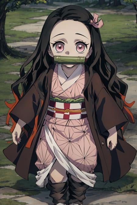 masterpiece, best quality, 1girl, <lora:Nezuko Kamado-000008:0.9>chibinezuko, chibi, multicolored hair, (oversized clothes:1.5), pink kimono, bit gag, checkered sash, looking at viewer, walking, in a park, perfect light, from above,<lora:more_details:0.3>