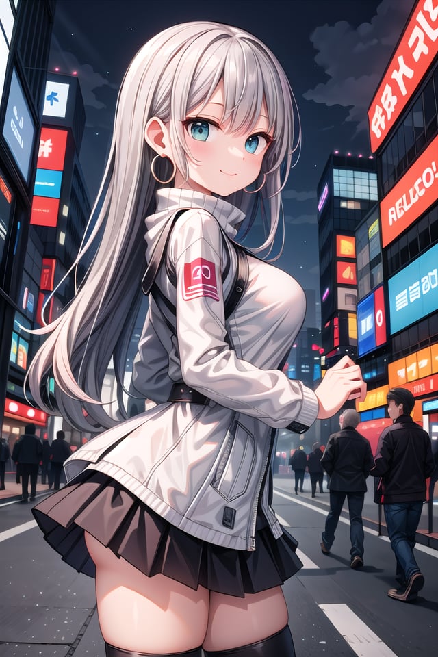 insanely detailed, absurdres, ultra-highres, ultra-detailed, best quality,1girl, solo, nice hands, perfect handsBREAK(Cyberpunk theme:1.2), ((wear an oversized white turtleneck with holographic circuit pattern) paired with (black A-line layered skirt):1.2), (black thigh-high boots:1.2)BREAK(silver accessories:1.2), (silver hoop earrings:1.2), (silver ankle bracelet:1.2)BREAKhappy smile, laugh, closed mouthBREAKfrom side,standing, cowboy shot, looking at viewerBREAKslender, kawaii, perfect symmetrical face, ultra cute girl, ultra cute face, ultra detailed eyes, ultra detailed hair, ultra cute, ultra beautifulBREAKshibuya, akihabara, tokyo, street, crowd, cityscape, depth of field, ultra detailed backgroundBREAKlarge breastsBREAKpink hair, dark green eyes, afro,