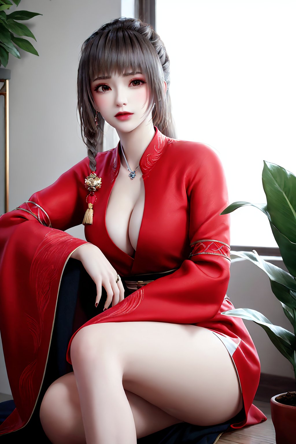 sitting, (lowleg), dress, chinese_clothes, long_sleeves, looking_at_viewer, 8k, RAW photo, best_quality),(highly_detailed),(masterpiece:1.2),(ultra-detailed),(extremely_detailed_cg_8k_wallpaper),(realistic:1.2),(photorealistic:1.3),(scenery,  east_asian_architecture, potted_plant,  plant),1girl, solo, black_hair, long_hair, hair_ornament, bangs, eyeshadow, eyelashes,  jewelry, earrings, makeup, cleavage, black_legwear,fingernails,nail_polish,medium_shot,(crystal_texture_skin:1.3),(shiny_skin:1.4),(an_extremely_delicate_and_beautiful),<lora:syqiangk_加强_魔琳_黑发版_C9_2.1:0.8>,