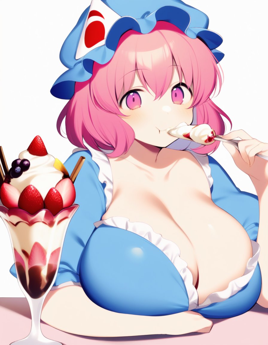 by achiki, happy, 1girl, saigyouji_yuyuko, pink short hair, pink eyes, blue dress, mob cap, triangular headpiece, plump, large breasts, confident, eating sundae, eating parfait, amazing quality, very aesthetic, absurdres